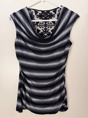 Cowl Neck Striped Sleeveless Top in Black, Gray, and White